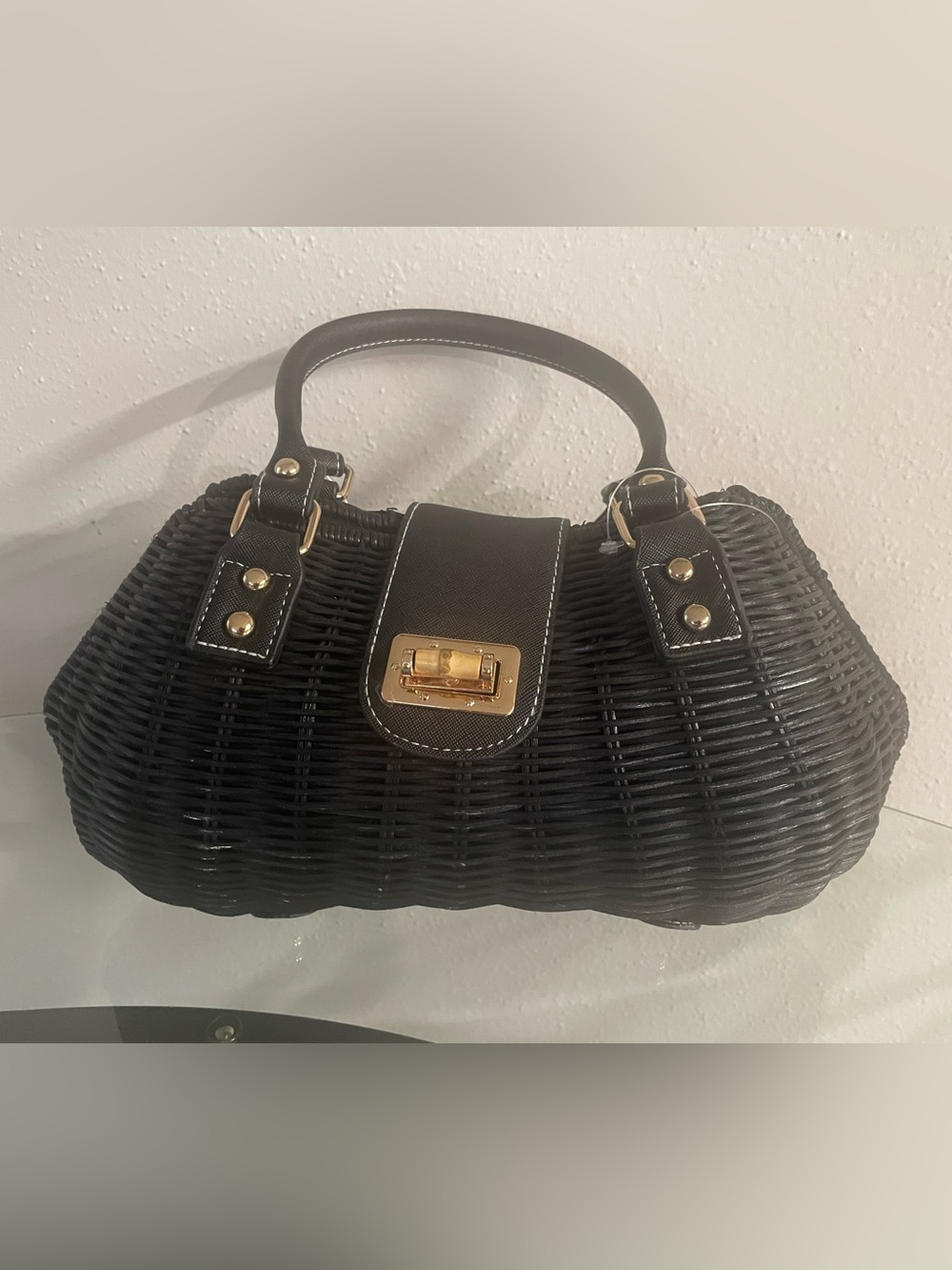 Black Woven Satchel with Gold-Tone Hardware